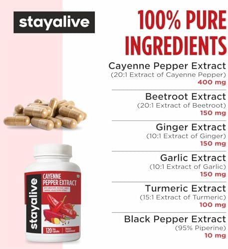 Cápsulas de Pimienta de Cayena STAY ALIVE, Mezcla 6 en 1 con Jengibre, Ajo, Cúrcuma, Remolacha y Extracto de Pimienta Negra, 120 Cápsulas, Sin OGM y - imagen 3