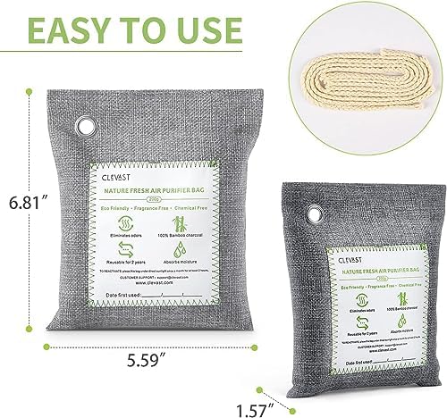 Bolsas Purificadoras de Aire CLEVAST de Carbón de Bambú - (Grande, 4×200g), Elimina Olores y Humedad, Purificador Natural para Hogar, Auto, Mascotas, - imagen 5