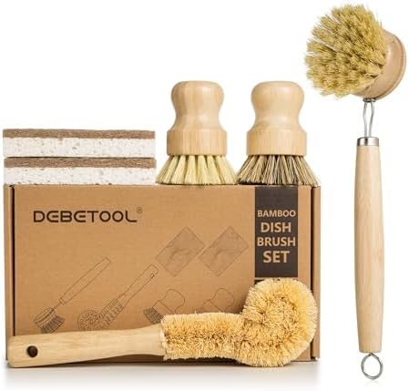 Set de 6 Cepillos de Bambú DEBETOOL con Esponja de Coco - Cepillo de Madera con Fibra de Sisal y Palma para Limpiar Platos, Ollas, Botellas y Verduras - imagen 1