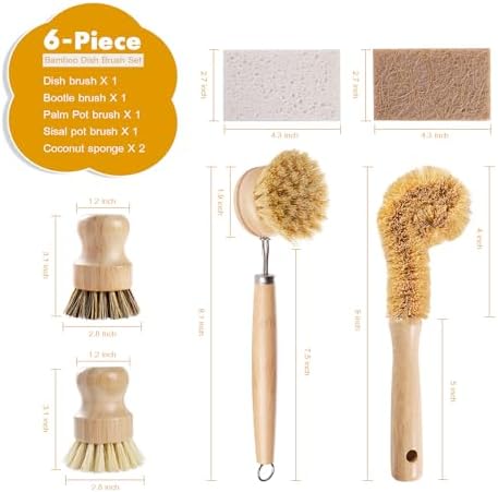 Set de 6 Cepillos de Bambú DEBETOOL con Esponja de Coco - Cepillo de Madera con Fibra de Sisal y Palma para Limpiar Platos, Ollas, Botellas y Verduras - imagen 2