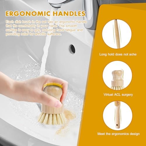 Set de 6 Cepillos de Bambú DEBETOOL con Esponja de Coco - Cepillo de Madera con Fibra de Sisal y Palma para Limpiar Platos, Ollas, Botellas y Verduras - imagen 3