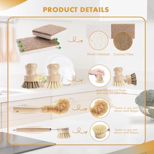 Set de 6 Cepillos de Bambú DEBETOOL con Esponja de Coco - Cepillo de Madera con Fibra de Sisal y Palma para Limpiar Platos, Ollas, Botellas y Verduras - imagen 4