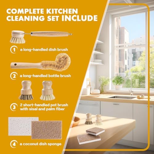 Set de 6 Cepillos de Bambú DEBETOOL con Esponja de Coco - Cepillo de Madera con Fibra de Sisal y Palma para Limpiar Platos, Ollas, Botellas y Verduras - imagen 6