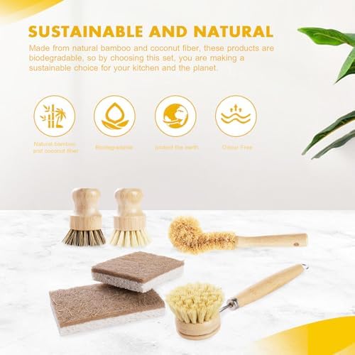 Set de 6 Cepillos de Bambú DEBETOOL con Esponja de Coco - Cepillo de Madera con Fibra de Sisal y Palma para Limpiar Platos, Ollas, Botellas y Verduras - imagen 7