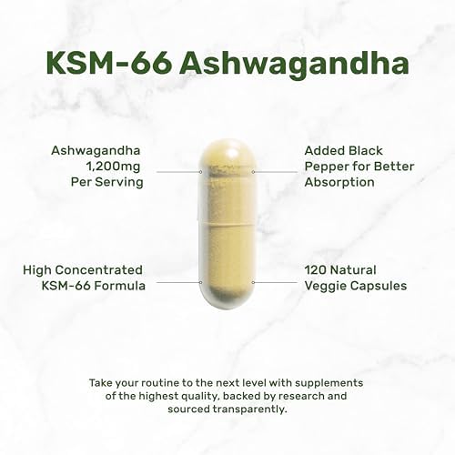KSM 66 Ashwagandha 1,200mg con Pimienta Negra, 120 Cápsulas Veganas – Extracto de Raíz de Alta Potencia – Suplementos Adaptogénicos para Relajación, - imagen 3