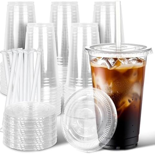 Paquete de 50 Vasos Plásticos Transparentes de 20 oz para Café Helado con Tapas y Popotes, Desechables para Bebidas Frías y Smoothies - imagen 1