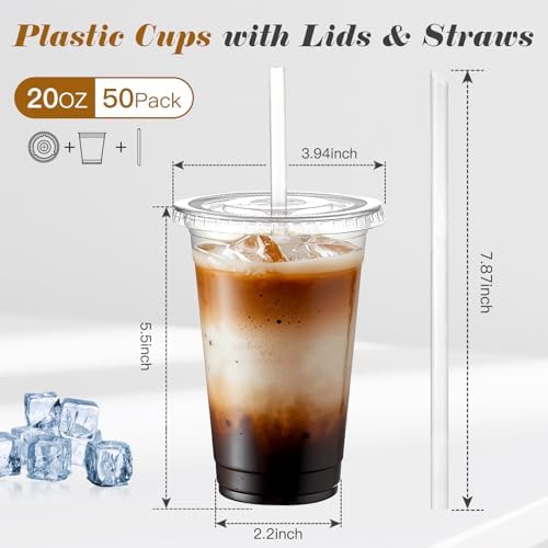 Paquete de 50 Vasos Plásticos Transparentes de 20 oz para Café Helado con Tapas y Popotes, Desechables para Bebidas Frías y Smoothies - imagen 2