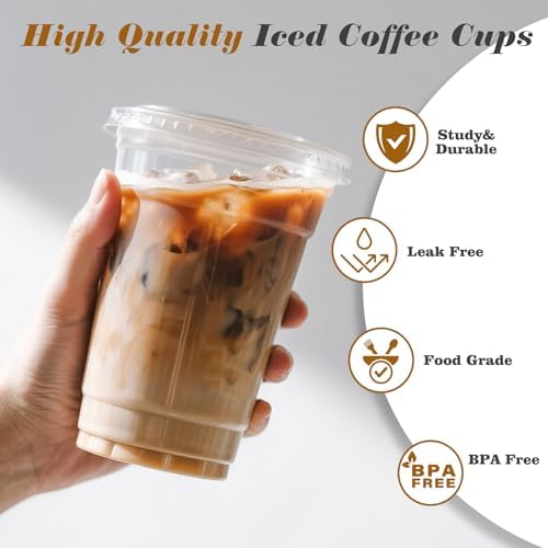 Paquete de 50 Vasos Plásticos Transparentes de 20 oz para Café Helado con Tapas y Popotes, Desechables para Bebidas Frías y Smoothies - imagen 3