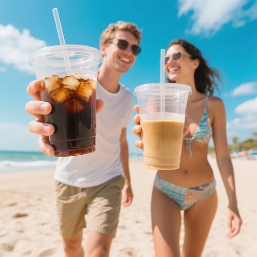Paquete de 50 Vasos Plásticos Transparentes de 20 oz para Café Helado con Tapas y Popotes, Desechables para Bebidas Frías y Smoothies - imagen 5