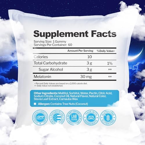 Gomitas de Melatonina 30mg para Adultos (60 Porciones) - Apoyo Máximo para el Sueño, Sin Gluten, Sin Azúcar, 100% Vegetariano, Sabor Fresa - 60 - imagen 5