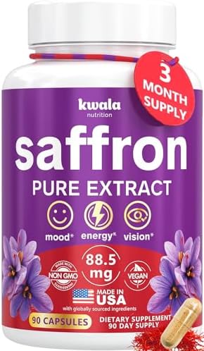 Suplementos de Azafrán Kwala Nutrition para el Ánimo y la Concentración | 88.5mg Extracto Puro de Azafrán | Hecho en EE. UU. | Suministro para 3 - imagen 1