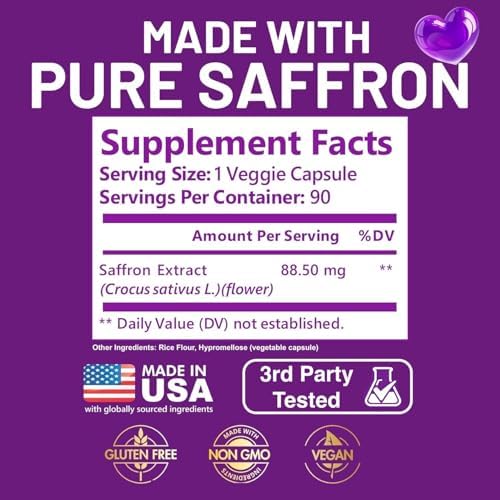 Suplementos de Azafrán Kwala Nutrition para el Ánimo y la Concentración | 88.5mg Extracto Puro de Azafrán | Hecho en EE. UU. | Suministro para 3 - imagen 3