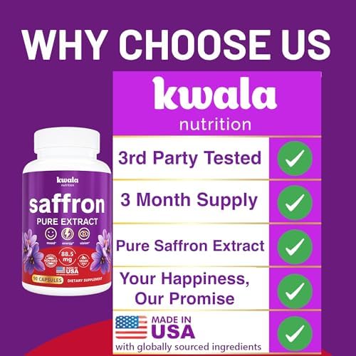 Suplementos de Azafrán Kwala Nutrition para el Ánimo y la Concentración | 88.5mg Extracto Puro de Azafrán | Hecho en EE. UU. | Suministro para 3 - imagen 5