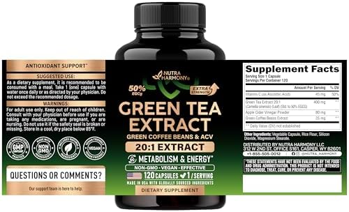 Extracto de Té Verde - 50% EGCG, Extracto Extra Fuerte 20:1 - Suplemento Natural con Granos de Café Verde y Vinagre de Sidra de Manzana - Apoyo - imagen 2