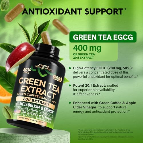 Extracto de Té Verde - 50% EGCG, Extracto Extra Fuerte 20:1 - Suplemento Natural con Granos de Café Verde y Vinagre de Sidra de Manzana - Apoyo - imagen 4