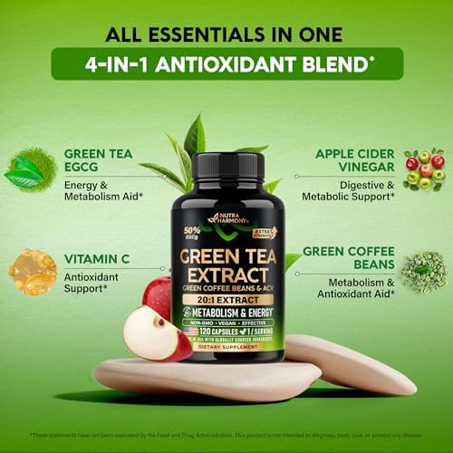 Extracto de Té Verde - 50% EGCG, Extracto Extra Fuerte 20:1 - Suplemento Natural con Granos de Café Verde y Vinagre de Sidra de Manzana - Apoyo - imagen 5