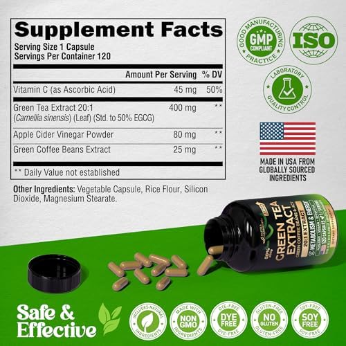 Extracto de Té Verde - 50% EGCG, Extracto Extra Fuerte 20:1 - Suplemento Natural con Granos de Café Verde y Vinagre de Sidra de Manzana - Apoyo - imagen 8