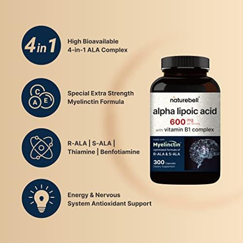 NatureBell Complejo de Ácido Alfa Lipoico, 600mg, 300 Cápsulas | Fórmula 4 en 1 con R-ALA, S-ALA, Tiamina y Benfotiamina | Alta Absorción y Soporte - imagen 3