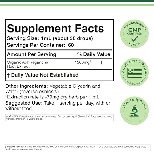 Gotas Orgánicas de Ashwagandha para Alivio del Estrés (1,200mg, 60 Porciones) Tinctura de Ashwagandha para Soporte Adrenal y Manejo de Cortisol - imagen 2