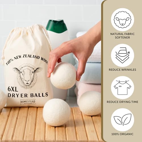 Bolas de Secado XL de Lana Homestead Houseware 6 Piezas – 100% Lana de Nueva Zelanda, Suavizante Natural y Reductor de Estática, Reutilizables, - imagen 3