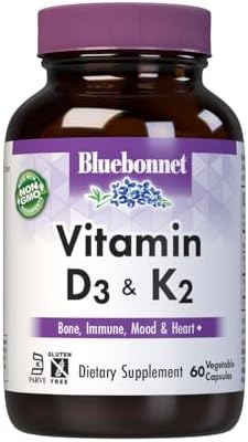 Vitaminas D3 y K2 de Bluebonnet Nutrition, sin soya, para huesos fuertes y saludables, sin gluten, no OGM, sin lácteos, certificado kosher, - imagen 1