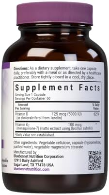 Vitaminas D3 y K2 de Bluebonnet Nutrition, sin soya, para huesos fuertes y saludables, sin gluten, no OGM, sin lácteos, certificado kosher, - imagen 2