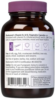 Vitaminas D3 y K2 de Bluebonnet Nutrition, sin soya, para huesos fuertes y saludables, sin gluten, no OGM, sin lácteos, certificado kosher, - imagen 3