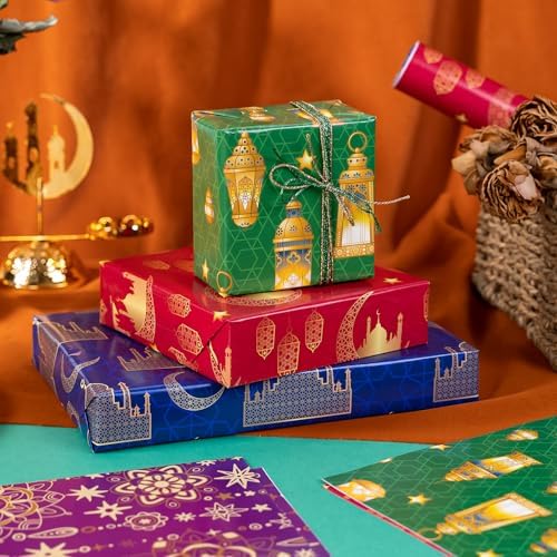 Papel de Regalo WRAPAHOLIC para Eid - 12 Hojas Diseño de Luna, Estrellas, Faroles y Mezquitas - 19.7 x 27.5 Pulgadas cada hoja - imagen 4