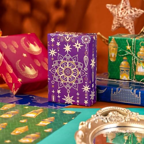 Papel de Regalo WRAPAHOLIC para Eid - 12 Hojas Diseño de Luna, Estrellas, Faroles y Mezquitas - 19.7 x 27.5 Pulgadas cada hoja - imagen 5