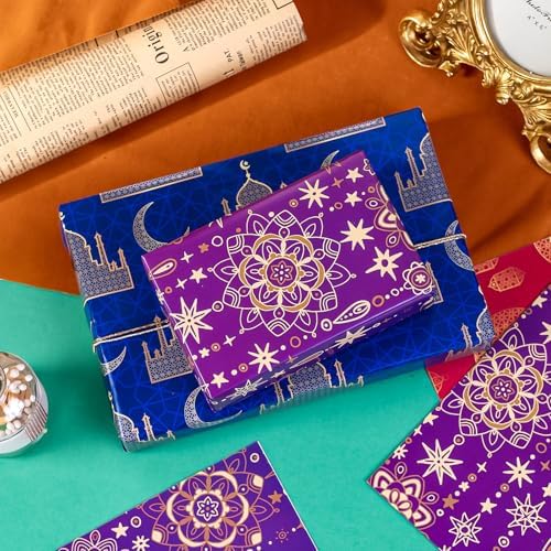 Papel de Regalo WRAPAHOLIC para Eid - 12 Hojas Diseño de Luna, Estrellas, Faroles y Mezquitas - 19.7 x 27.5 Pulgadas cada hoja - imagen 7
