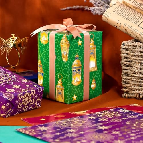 Papel de Regalo WRAPAHOLIC para Eid - 12 Hojas Diseño de Luna, Estrellas, Faroles y Mezquitas - 19.7 x 27.5 Pulgadas cada hoja - imagen 8