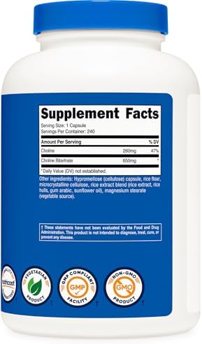 Nutricost Colina Bitartrato 650mg, 240 Cápsulas Vegetarianas - Sin OGM, Amigable con Vegetarianos, Sin Gluten - imagen 5