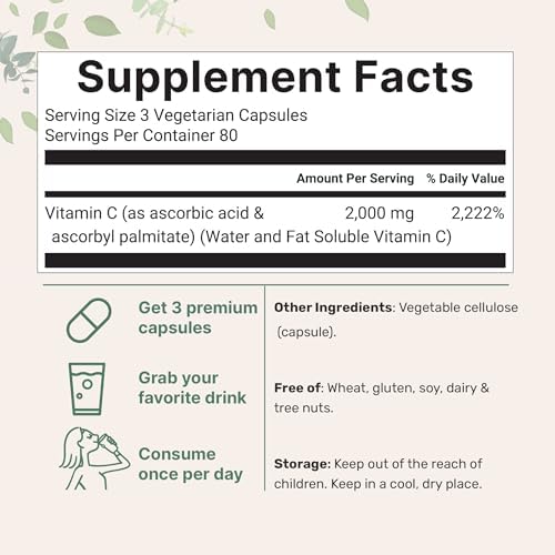 Vitamina C Pura 2,000mg, 240 Cápsulas Veganas | Alta Biodisponibilidad, Soluble en Grasa y Agua | Potencia Máxima | Antioxidante y Soporte - imagen 2