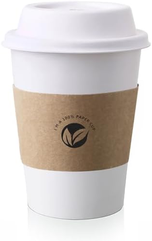 KTOB [Paquete de 50] Vasos de Papel Compostables de 12 oz con Tapas y Mangas de Kraft, Combo Ecológico para Bebidas Calientes - imagen 1