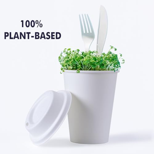 KTOB [Paquete de 50] Vasos de Papel Compostables de 12 oz con Tapas y Mangas de Kraft, Combo Ecológico para Bebidas Calientes - imagen 2