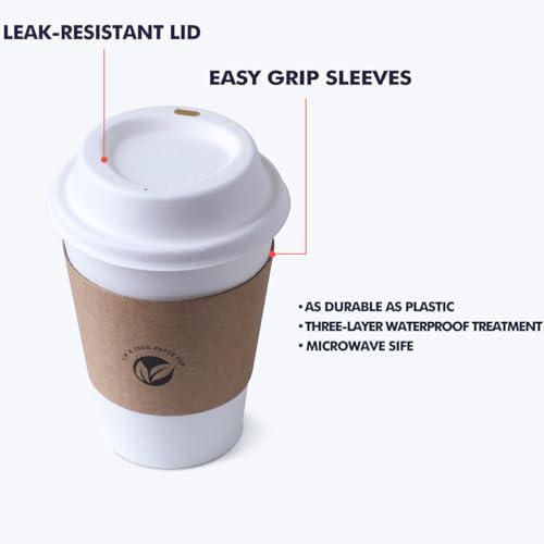 KTOB [Paquete de 50] Vasos de Papel Compostables de 12 oz con Tapas y Mangas de Kraft, Combo Ecológico para Bebidas Calientes - imagen 3