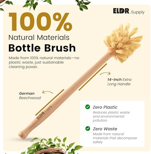 Cepillo para Botellas ELDR Supply, Mango Largo de 14 en Madera de Haya Alemana, Fibras de Cáñamo, Cero Residuos, Ideal para Tarros y Vasos de Boca - imagen 3