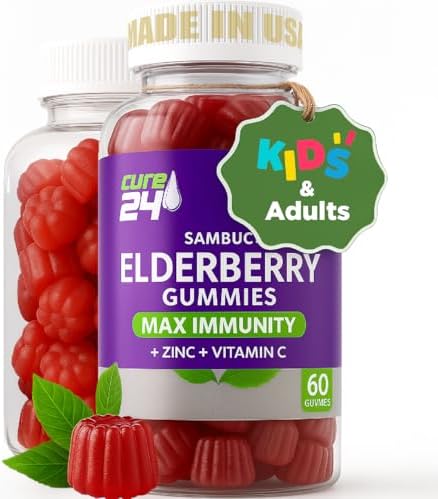 Gomitas de Saúco Cure24 con Vitamina C y Zinc para Niños y Adultos, X3 Apoyo Inmunológico, Sabores Naturales, Veganas, No GMO, Hechas en EE. UU. (60) - imagen 1