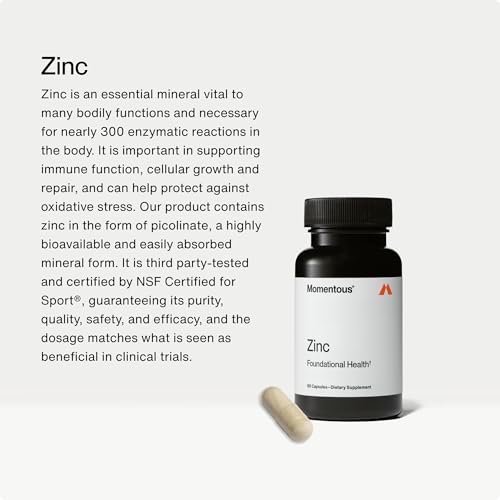 Momentous Zinc Picolinate 15 mg - Suplemento de Zinc Bioavailable - Apoyo a la Inmunidad y Hormonas - Salud Articular y Masa Muscular - Certificado - imagen 2