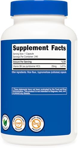 Nutricost Vitamina B6 (Piridoxina HCl) 25mg, 240 Cápsulas - No GMO, Sin Gluten y Apta para Vegetarianos - imagen 5