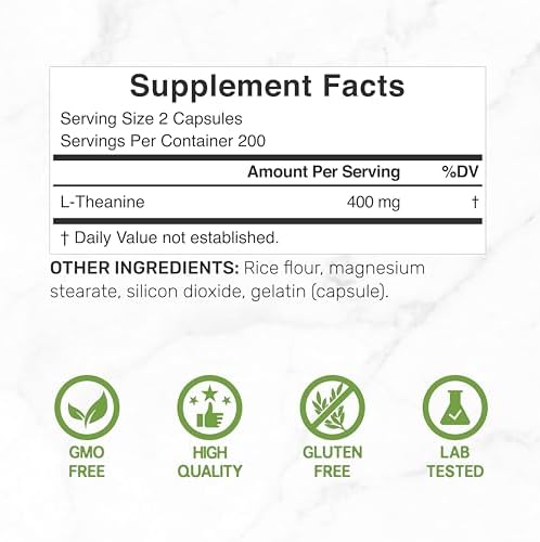 L-Theanina 400mg, 400 Cápsulas – Suplemento Extra Fuerte de Theanina – Aminoácidos para Apoyo en Enfoque y Relajación – Sin OGM y Libre de Gluten - imagen 2