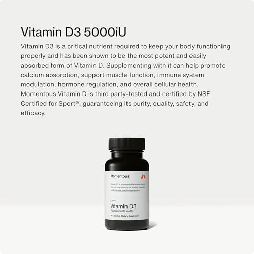 Suplemento de Vitamina D3 Momentous - Cápsulas de 5,000 UI para Salud Fundamental - Certificado NSF para Deporte - Sin Gluten - 60 Porciones - imagen 3