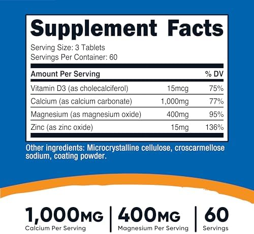 Tabletas de Calcio, Magnesio y Zinc Nutricost 1,415 mg, 180 Tabletas - Suplemento de Vitaminas y Minerales, 60 Porciones - Sin Gluten, No OGM - imagen 2