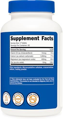 Tabletas de Calcio, Magnesio y Zinc Nutricost 1,415 mg, 180 Tabletas - Suplemento de Vitaminas y Minerales, 60 Porciones - Sin Gluten, No OGM - imagen 5