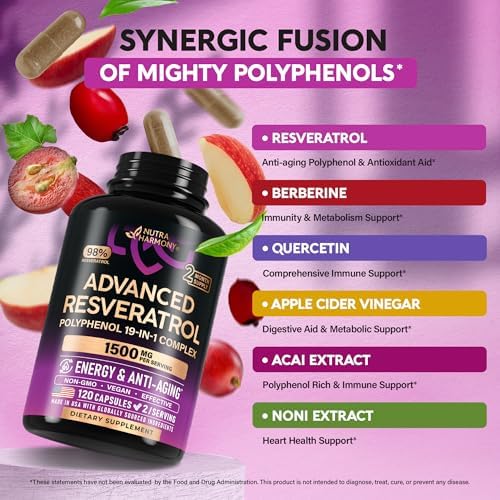 Suplemento de Resveratrol - Complejo Orgánico de Polifenoles 19 en 1 - Extracto de Noni | Berberina | Quercetina | Vinagre de Manzana | Acai - Para - imagen 4