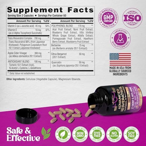 Suplemento de Resveratrol - Complejo Orgánico de Polifenoles 19 en 1 - Extracto de Noni | Berberina | Quercetina | Vinagre de Manzana | Acai - Para - imagen 7