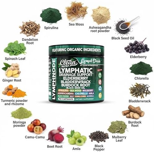 Suplementos Orgánicos para Drenaje Linfático | Elderberry, Bladderwrack, Raíz de Bardana, Aceite de Semilla Negra, Spirulina, Musgo Marino, - imagen 4