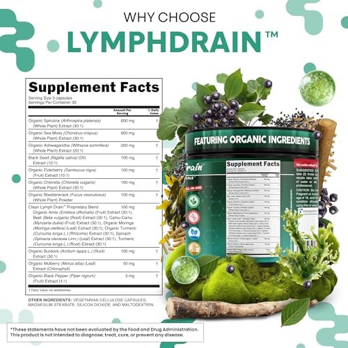 Suplementos Orgánicos para Drenaje Linfático | Elderberry, Bladderwrack, Raíz de Bardana, Aceite de Semilla Negra, Spirulina, Musgo Marino, - imagen 5