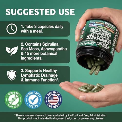 Suplementos Orgánicos para Drenaje Linfático | Elderberry, Bladderwrack, Raíz de Bardana, Aceite de Semilla Negra, Spirulina, Musgo Marino, - imagen 6