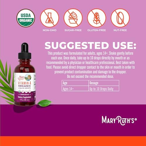 Gotas Líquidas de Vitamina A Orgánica MARYRUTH'S USDA | Suministro para 3 Meses | Salud Ósea para Mayores de 14 Años | 750mcg por Porción | Sin - imagen 3